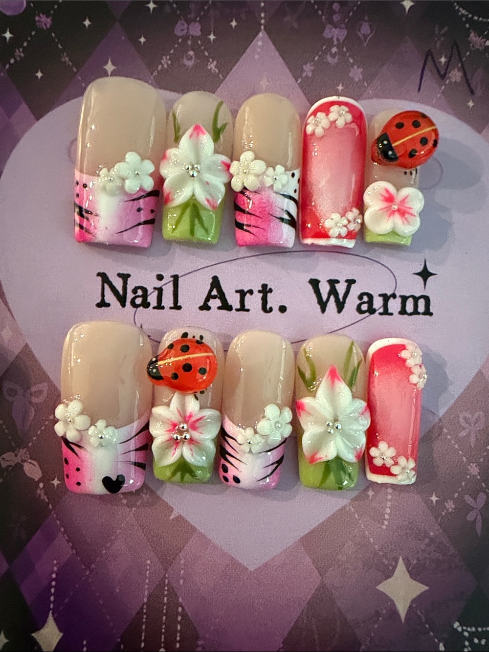 3D Floral & Ladybug Press-On Nails in Pink, White & Green